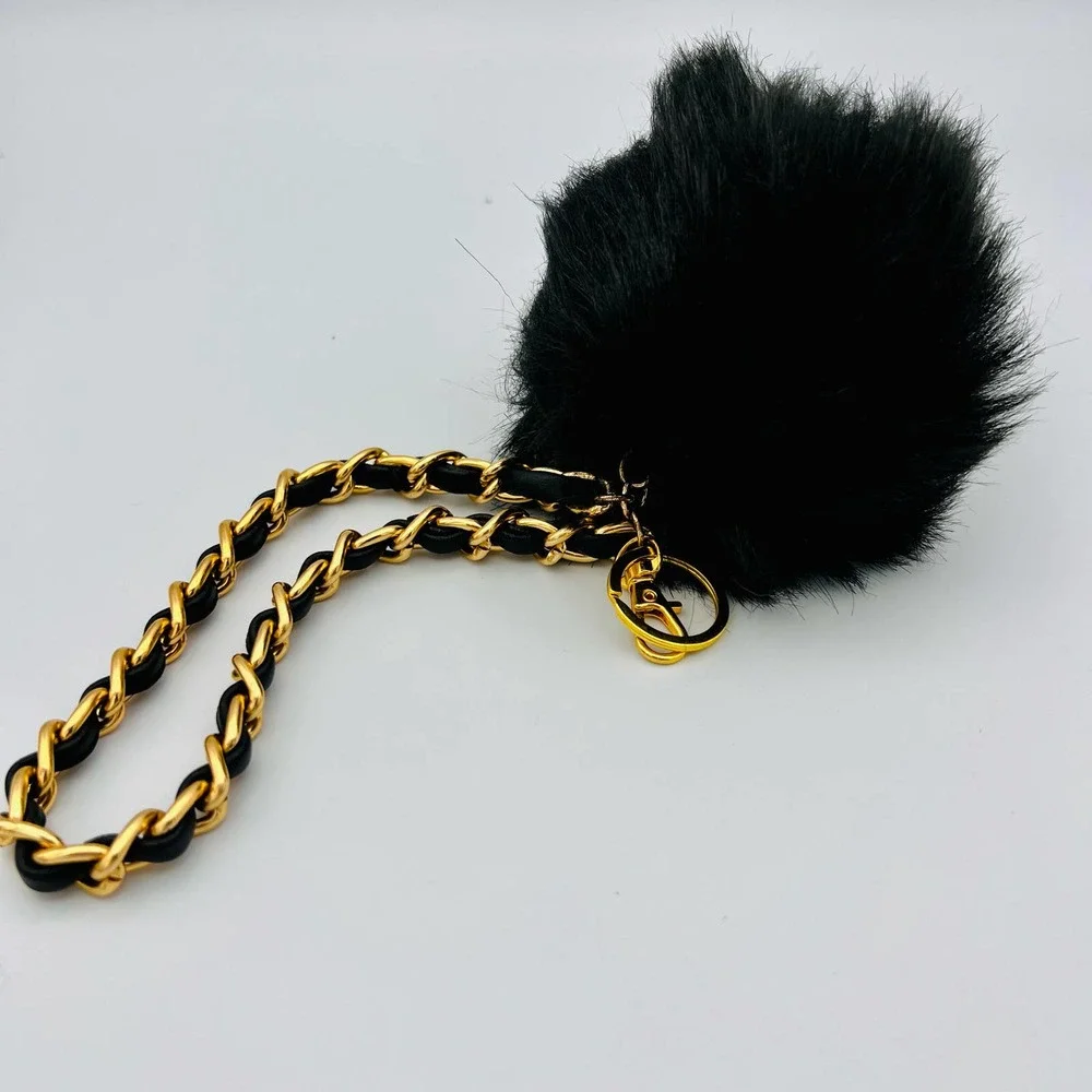 Handmade Faux Fur Pompom Keychain Bag Charm Black Gold Woven Classic Bracelet